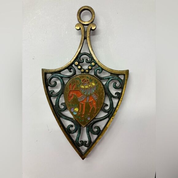 Vintage Israel Oppenheim Trivet Donkey With Fruit Enamel and Brass Home Decor - Picture 1 of 9